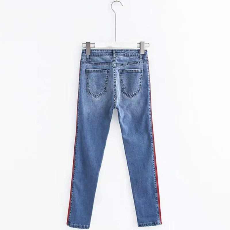 Ankle-Length High Waist Jeans Woman Side Striped Patchwork Skinny Jeans All Matched Casual Pants Brief Slim Winter Boots Jeans