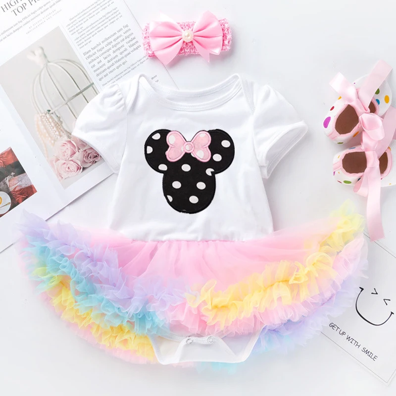 

Spring Mickey Minnie Baby Girls Mickey Minnie Newborn Kids Cartoon Dot Onesies Minnie Tutu Dress Kids Girl Set+Girl Bow Headband