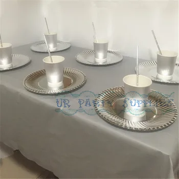

40 People Party Paper Dessert Tableware Foil Silver Plates Drinking Paper Straws Cups Table Cover for Bridal Shower Wedding