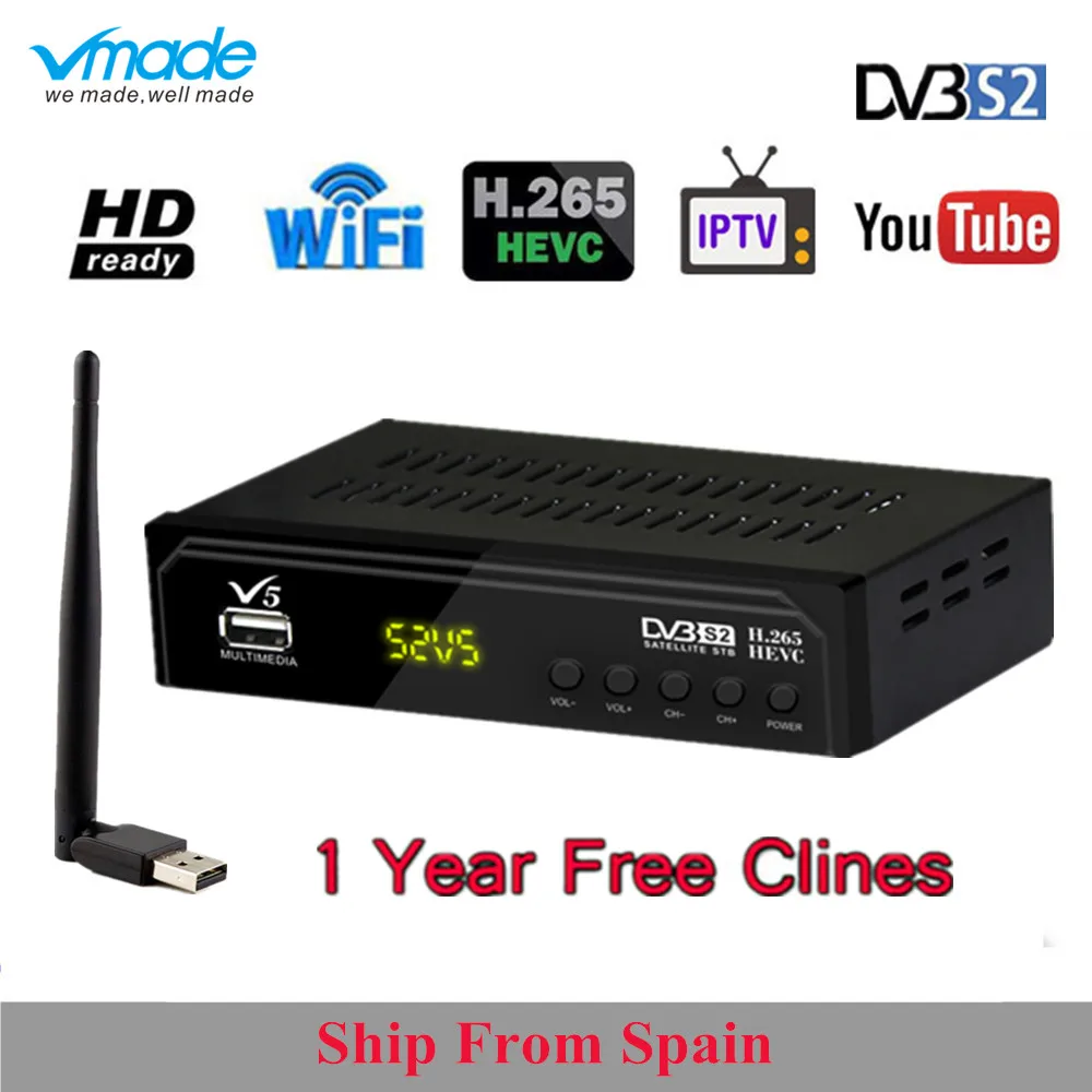 

Vmade DVB-S2 HD 1080P Digital Satellite TV Receiver H.265 MPEG-2/4 + WIFI With Cccam Support Youtube Dolby AC3 Bisskey IPTV Box