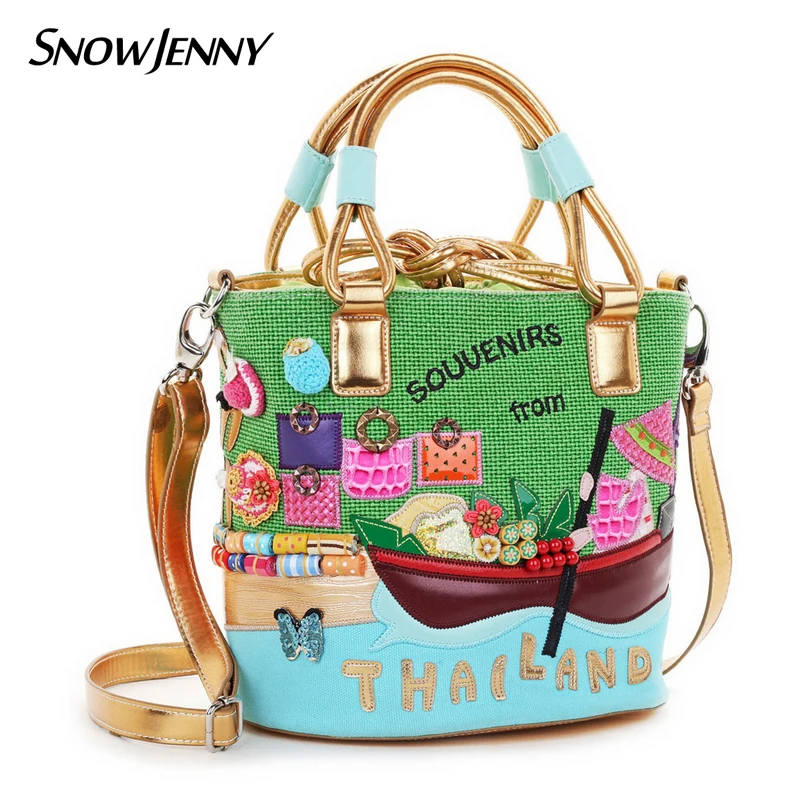 

Women Shoulder Bags Female Bucket Messenger Bag Handbags Totes Borsa SnowJenny Italy Handicraft Art Cartoon Thailand Scenery