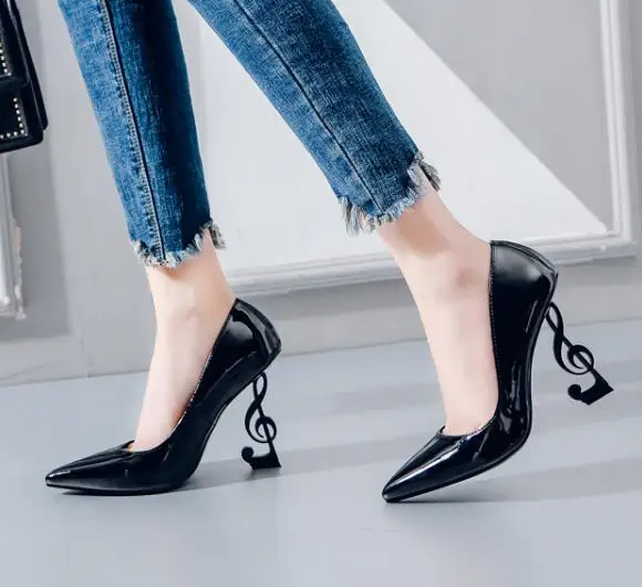 Hot Selling Musical Notation Design Heels Woman Shoe Black Patent Leather Pointed toe High Heel Shoe 2019 Strange Heel Pumps Hot Selling Musical Notation Design Heels Woman Shoe Black Patent Leather Pointed toe High Heel Shoe 2019 Strange Heel Pumps