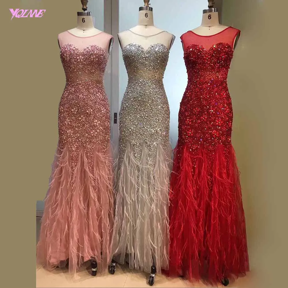Elegant Red Crystals Feathers Evening Dresses Long Mermaid Evening Gown Formal Dress YQLNNE