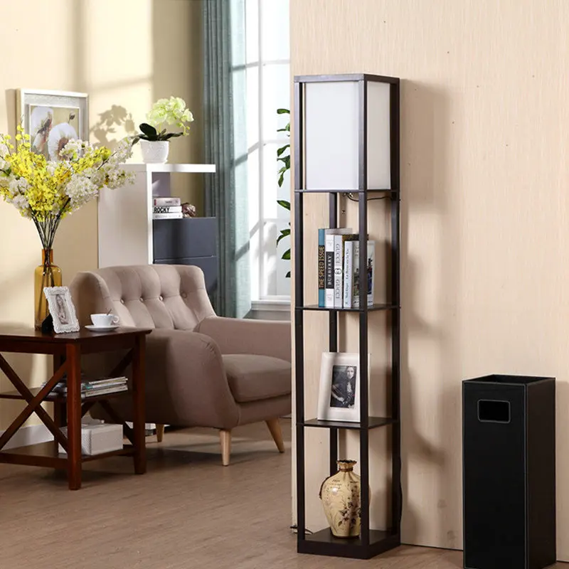Decorativa de Madeira Luminária de Chão do Sotão Candeeiro de pé com Prateleira de Armazenamento de Mesa para Quartos Sala de Estar Modern Preto Branco Casa Led 6 Pé com Prateleira De Armazenamento de Mesa