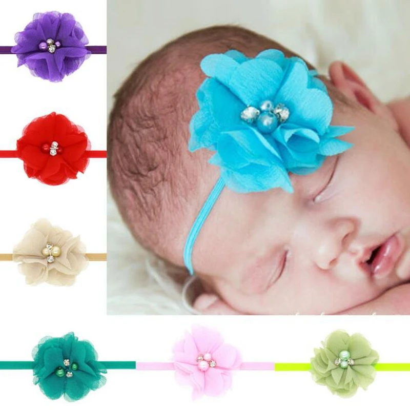 

Fashion New Baby Girls Chiffon Flower Headband Girl's Head Accessories, Princess Pearl Rhinestone Headband Elastic Hairband