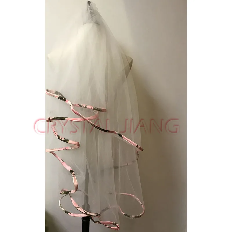 Розовая камуфляжная свадебная фата с ленточным краем, двухслойная короткая фата для невесты, реальное изображение