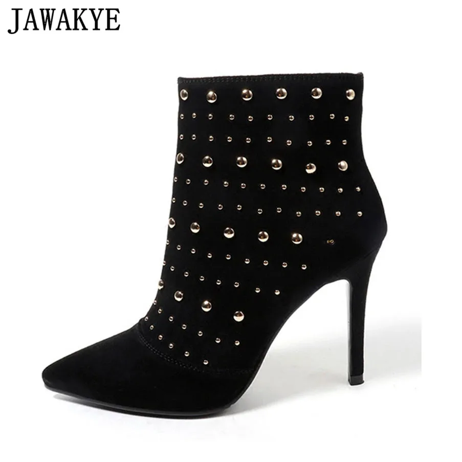 

JAWAKY Pointed Toe high quality flock Ankle Boots for women zipper rivets studded high heels stiletto shoes winter short boots
