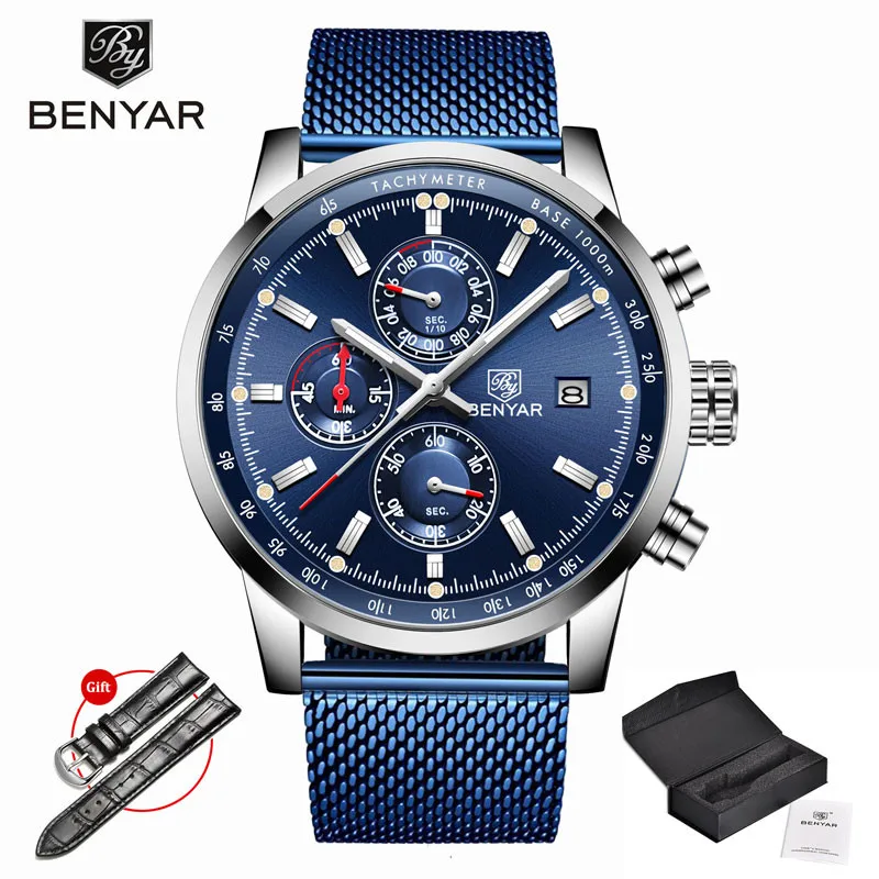 BENYAR мужские часы Топ бренд часы для мужчин Роскошные наручные часы для мужчин s Кварцевый Хронограф военные часы Relogio Masculino - Цвет: Blue