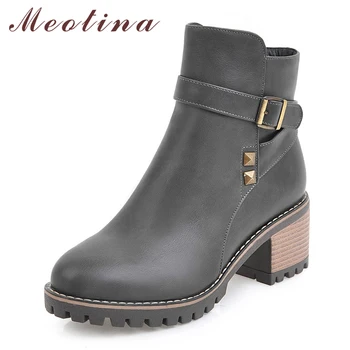 

Meotina Winter Women Boots Female Boots Rivets High Heel Ankle Boots Buckle Square Heel Short Shoes Ladies Zipper Big Size 33-43