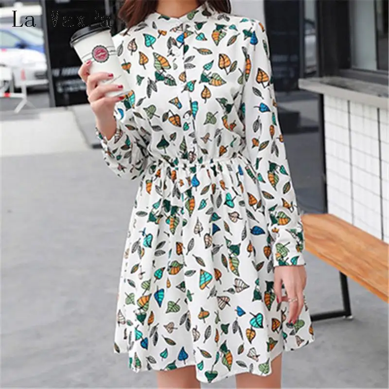 

original 2019 Brand New Spring Vintage Elastic Waist Dresses Chiffon O-neck Long-Sleeved Floral Dress Female Vestidos plus size