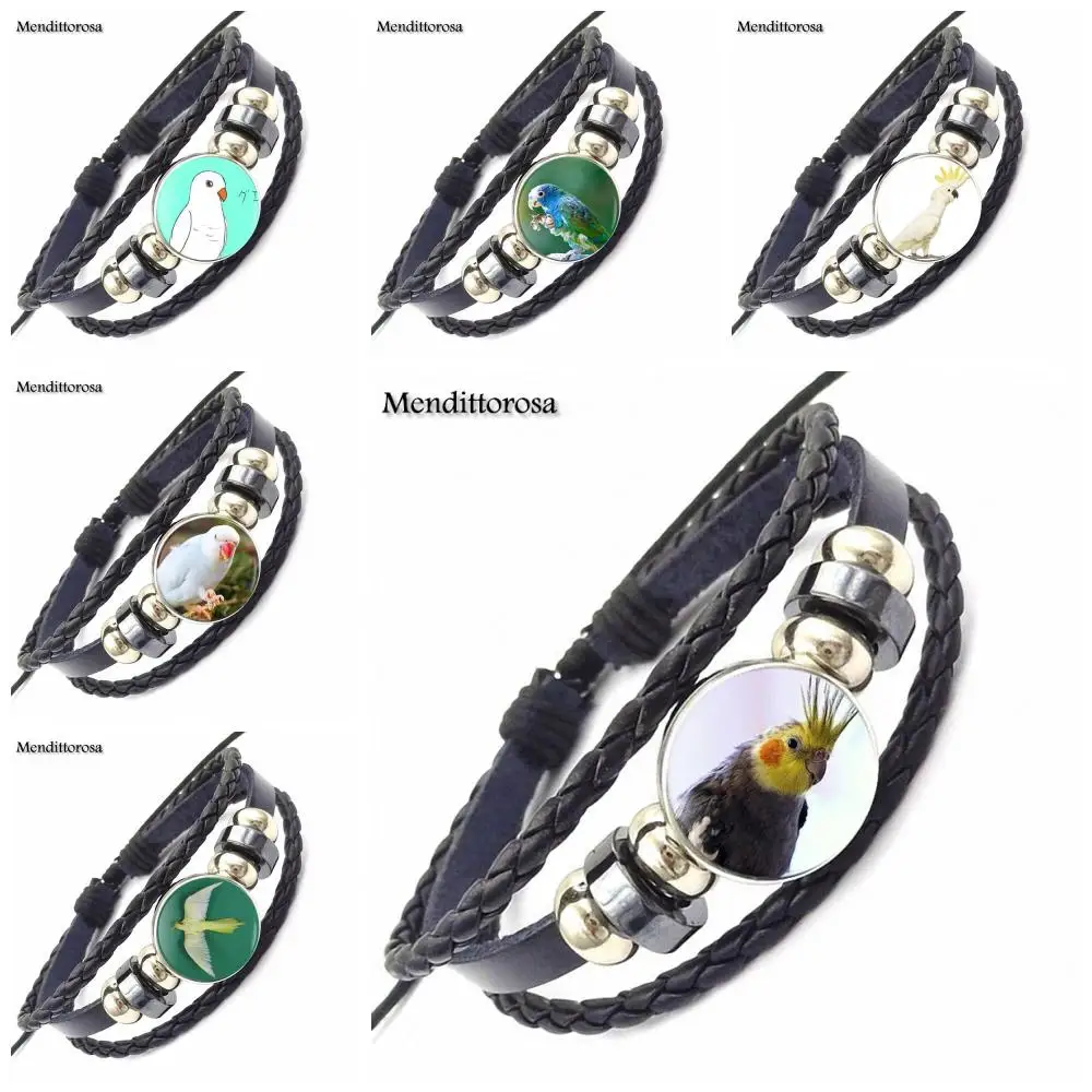 

EJ Glaze White Parrot For Women Men Cartoon Glass Cabochon Jewelry Black Leather Bracelet Bangle