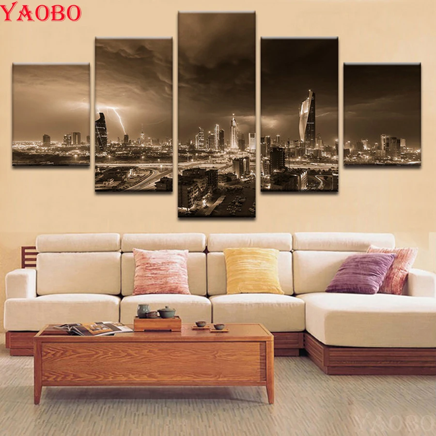 Needlework Diamond Painting City Night View Building Full Square Round 3d Embroidery Scenery Mosaic Home Decor 5pcs/set | Дом и сад