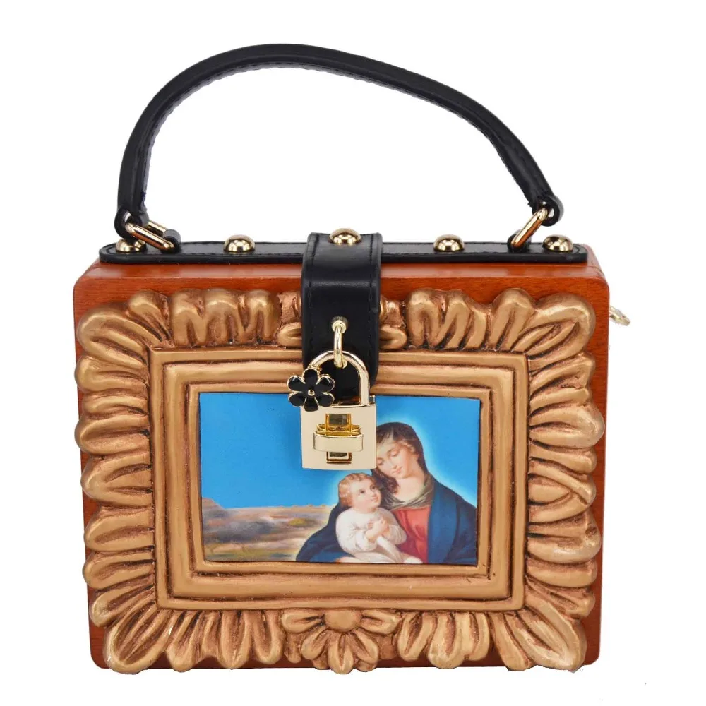 

Wood Box Shape Shoulder Bags Art design Flap Lock Strap Handbags Women Crossbody Bags