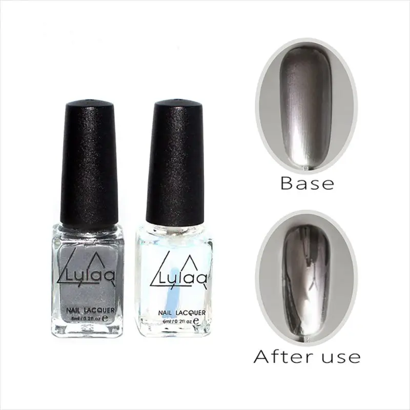 

2 Pcs/Set Silver Mirror Effect Metal Nail Polish Varnish Top Coat Metallic Nails Art Tips Hot