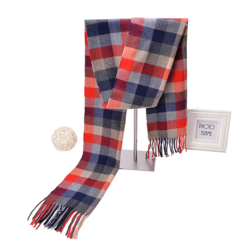 Winter Men Warm Red Navy Plaid Scarf Male Casual Offical Muffler