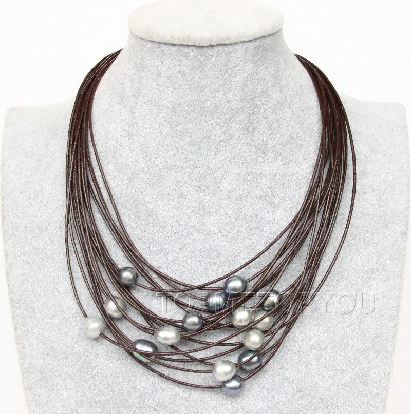 

Hot selling free shipping******* Sunning! 15Strands big white gray black pearls wine red leather necklace e2321