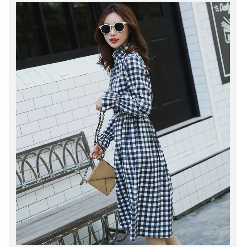 Goedkoop Vintage Corduroy A lijn Stijl Jurk Vrouwen Volledige Mouw Hoge Elastische Taille Bloem Plaid Print Slim Tuniek Jurken 19 Kleuren Vestido