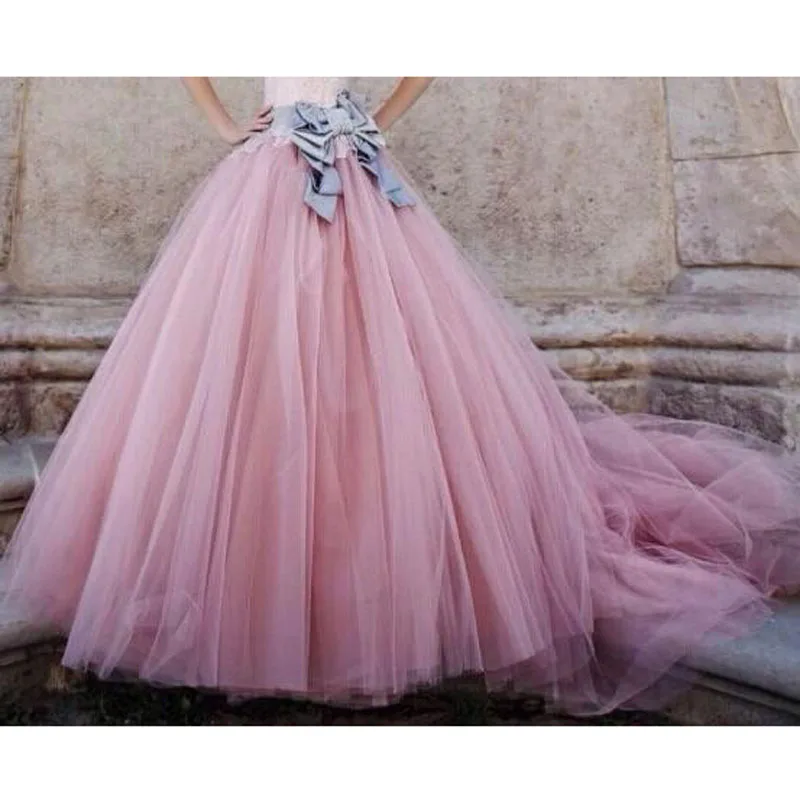 2015 Lovely Pink Ball Gown Floor Length Fairy Princess Tulle Skirt Ruched Bouffant Dresses for Women Soft Gauze Women Skirts with Bow Sash