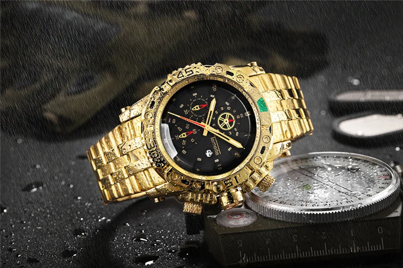Temeite Business Golden Quartz Watch Male Clock Big Size Men Watches Military Wristwatch