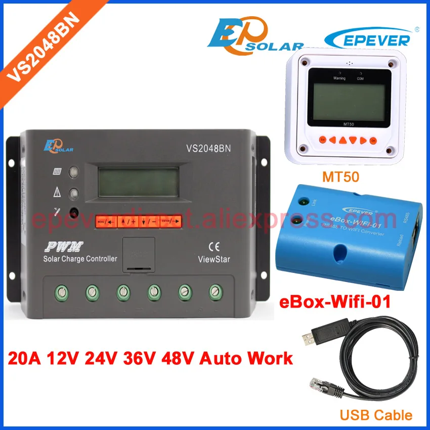 

MT50 Meter for user setting parameters VS2048BN 20A PWM solar controller 48V 36V wifi BOX and USB cable PC connect 20amp