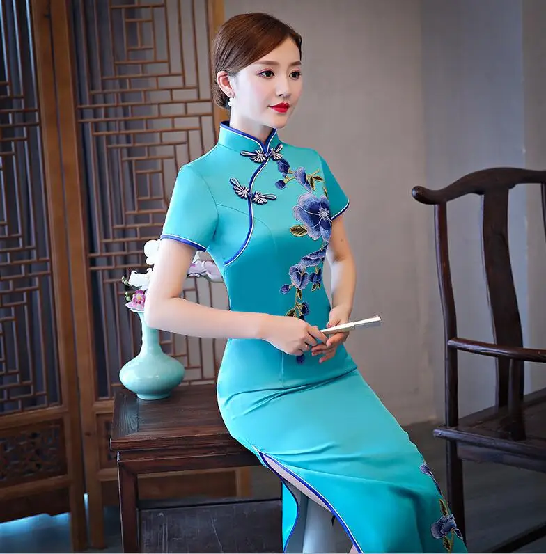 Зеленый китайский традиционный Женский район Ципао Винтаж Cheongsam Новинка китайский официальный Платье размера плюс M L XL XXL 3XL 4XL 5XL - Цвет: lake blue