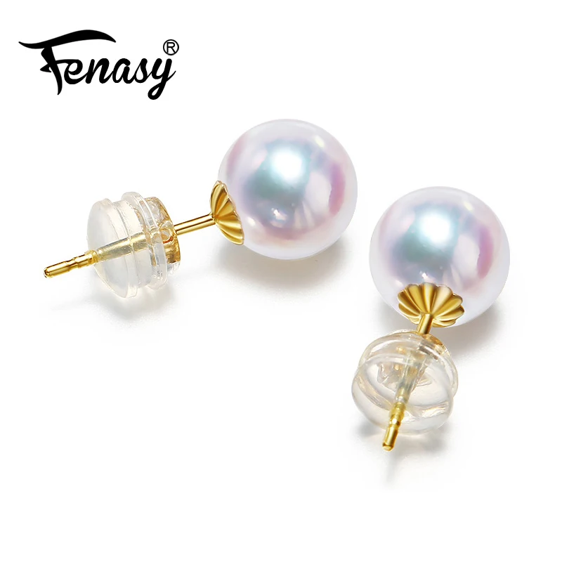 FENASY 18 K золотые серьги жемчужные украшения, 7-7,5 мм круглые жемчужные серьги Akoya, жемчужные классические серьги из желтого золота для женщин