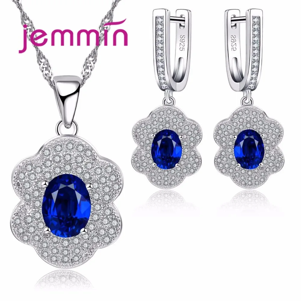 Jemmin 925 Sterling Silver Jewelry Blue Oval Sapphire White CZ Jewelry Sets For Women Wedding Earrings/Pendant/Necklace Set
