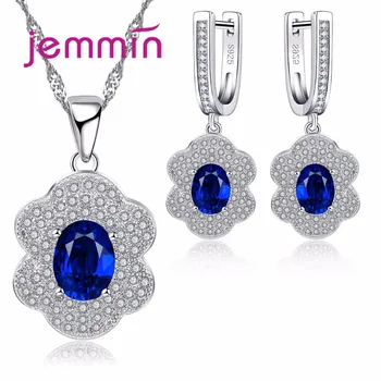 Jemmin 925 Sterling Silver Jewelry Blue Oval Sapphire White CZ Jewelry Sets For Women Wedding Earrings/Pendant/Necklace Set