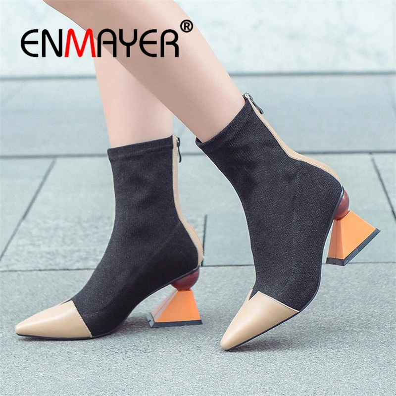 

ENMAYER Women Ankle Boots Short Shoes Size 34-39 Pointed toe High Heels Boots for Female Strange Heels Fashion Boots Sale CR727