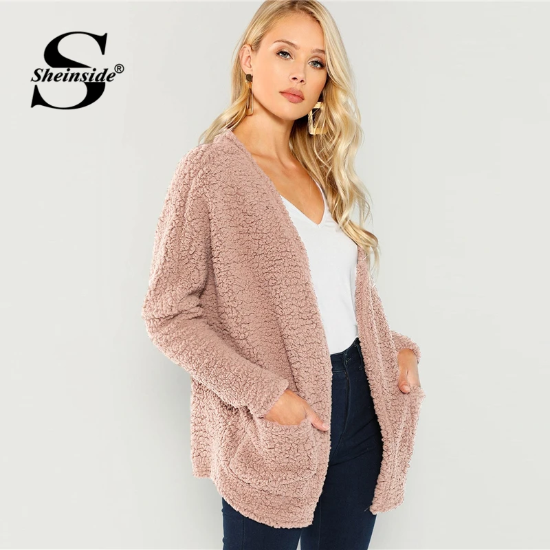 Sheinside الوردي التصحيح جيب مفتوحة الجبهة فو الفراء تيدي معطف الخريف الشتاء قمم للمرأة 2018 قميص إمرأة معاطف وسترات