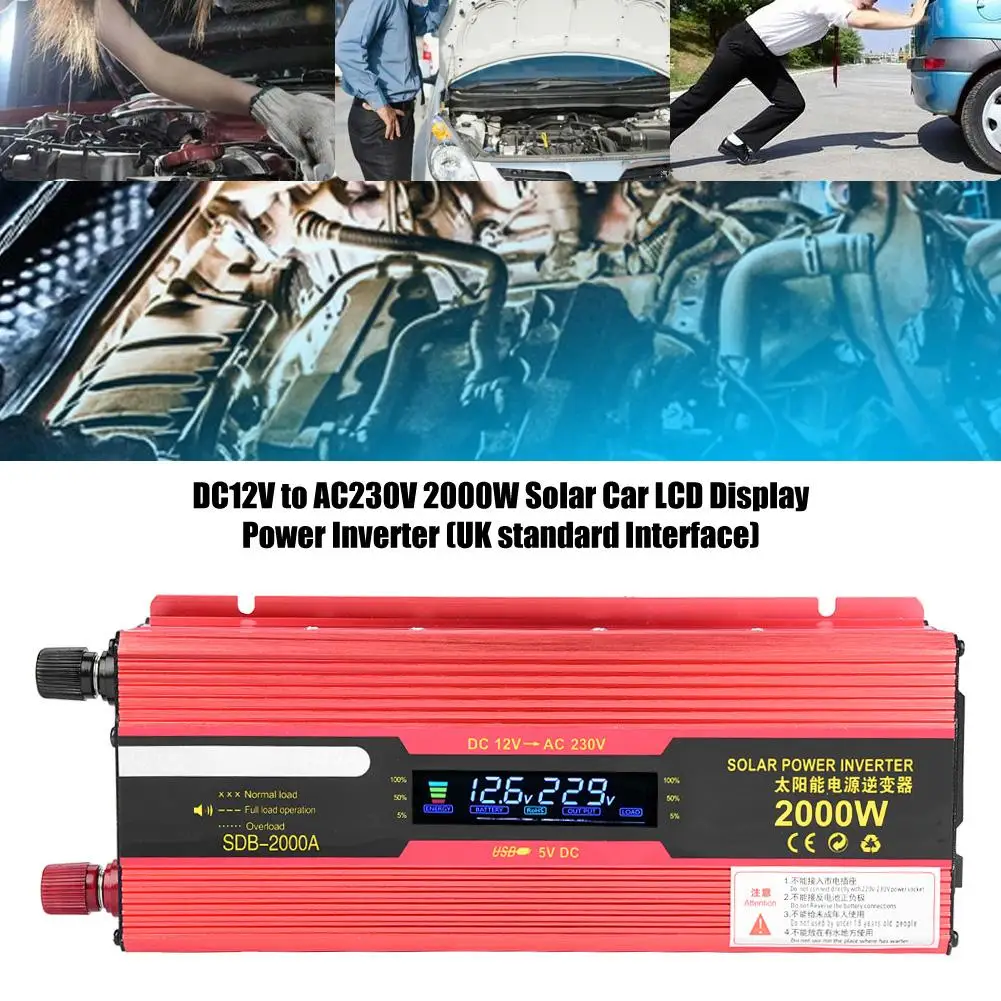 Универсальный мобильный телефон солнечный Мощность инвертор DC12V для AC230V 2000 Вт Солнечный автомобильный ЖК-дисплей Мощность инвертор(стандарт Великобритании Интерфейс