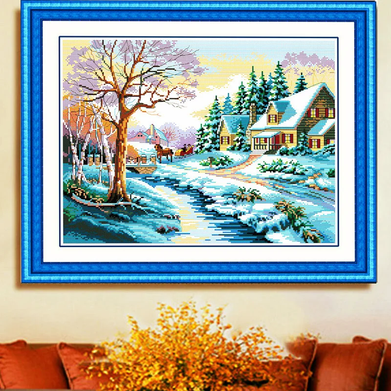 

Winter Snow Scene Printed Canvas Counted Cross Stitch Kits Cotton Thread Cross-stitch Set Embroidery Painting Needlework