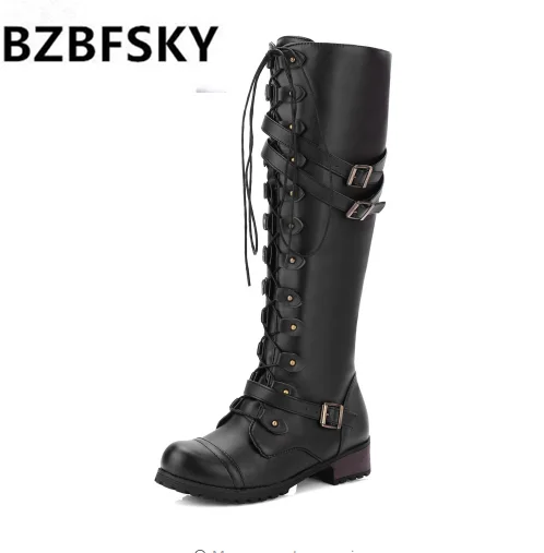 

BZBFSKY Fashion Women High Boots Lace Up Knee High Boots Female Punk Rock Chunky Heel Autumn Womens Riding Boots Heels 2019