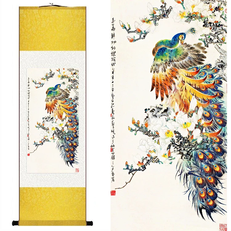 

Chinese Silk watercolor flower bird Peacock phoenix ink art print feng shui canvas wall picture damask framed scroll painting