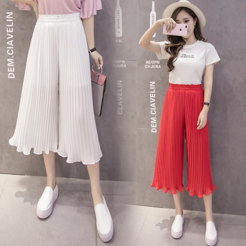 

Summer New 2019 Women Casual Loose Wide Leg Chiffon Pants Woman High Waist Calf-Length Beach Vocation pant Black Blue Gray Khaki