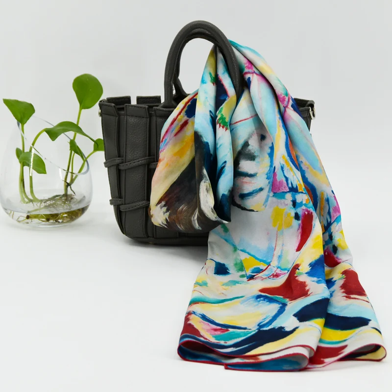 Yilijin шарф из натурального шелка для женщин кандинские известные масляные краски цифровое печатное искусство шелковая шаль и обертка 160x45 см