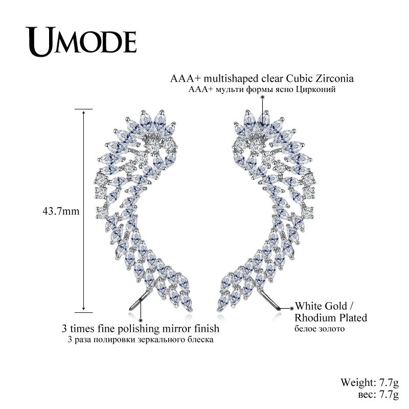 UMODE очаровательные женские серьги-гвоздики ювелирные изделия Модные Крылья ангела перо серьги с камнями из кубического циркония серьги-каффы Brincos aros UE0214