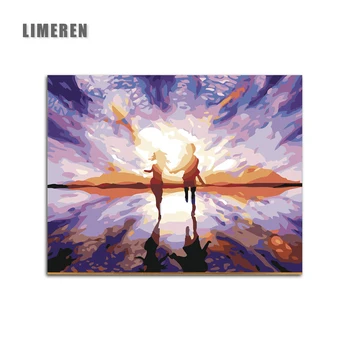 

Sunset Landscape Lover Run Beach Abstract Oil Painting on Canvas Handmade Paint By Number DIY Digital Pictures Unique Gifts