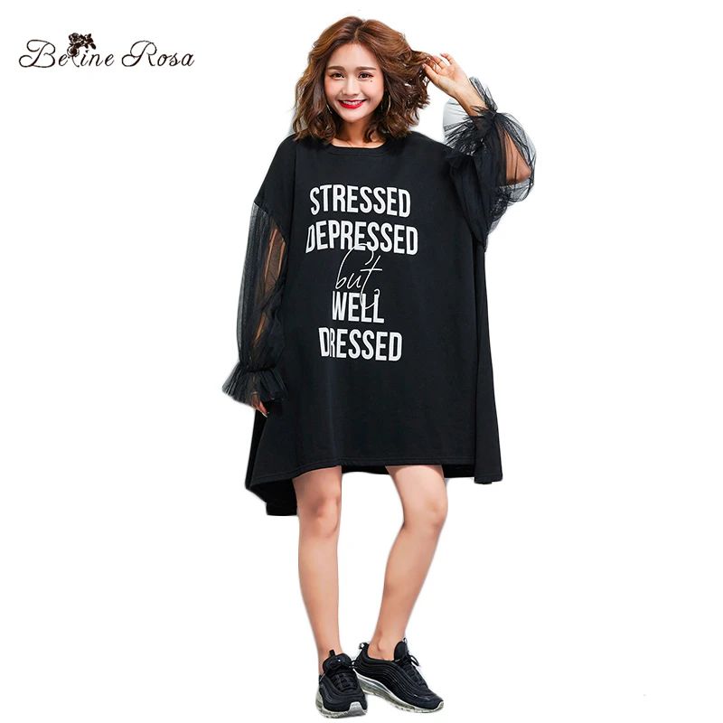 Online BelineRosa 2019 moda Vestidos cortos Mujer Sexy negro farolillo con malla manga Negro estilo europeo Mini vestido TYW00943