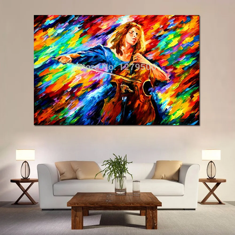 

High Quality 100% handpainted Wall Art pattle Knife Oil Painting Cellist colorful picture On Canvas Modern wall art Home Decor