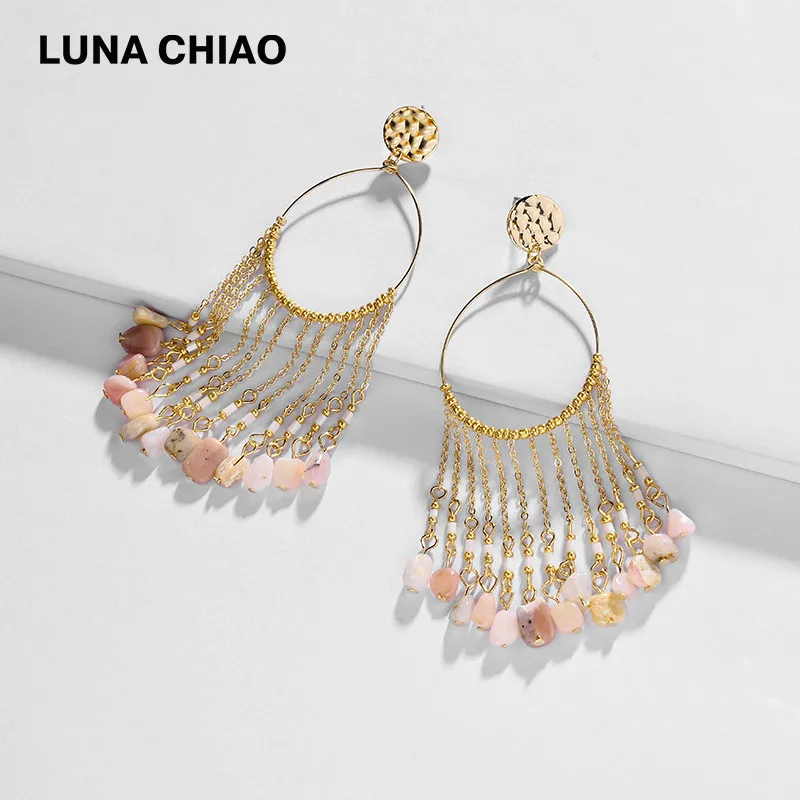 LUNA CHIAO модные ювелирные изделия Bijoux Натуральный Камень Висячие серьги летние Необычные веер Bib массивные серьги