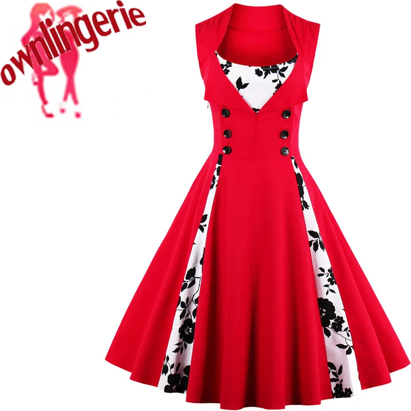 

Retro Vintage Dress Polka Dot Patchwork Sleeveless Spring Summer Red Dress 50's 60's Rockabilly Swing Party Dress
