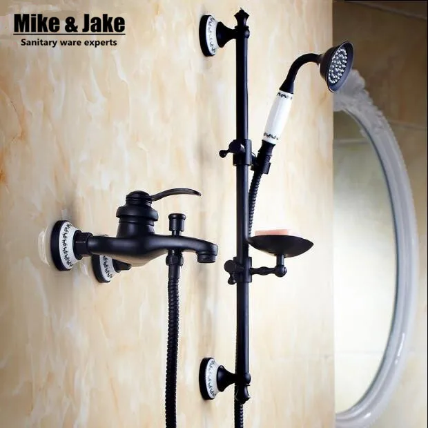 Bathroom black wall shower mixer set with lifter shower bar bath simple bathtub mixer set with hand shower black orb shower