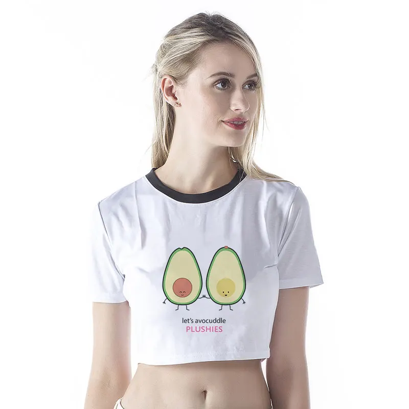

2019 Korean Style Women Tshirt Avocado Cute Kawaii White Shirt Short Sleeve Casual Crop Top T Shirt Womens Graphic Tees Women