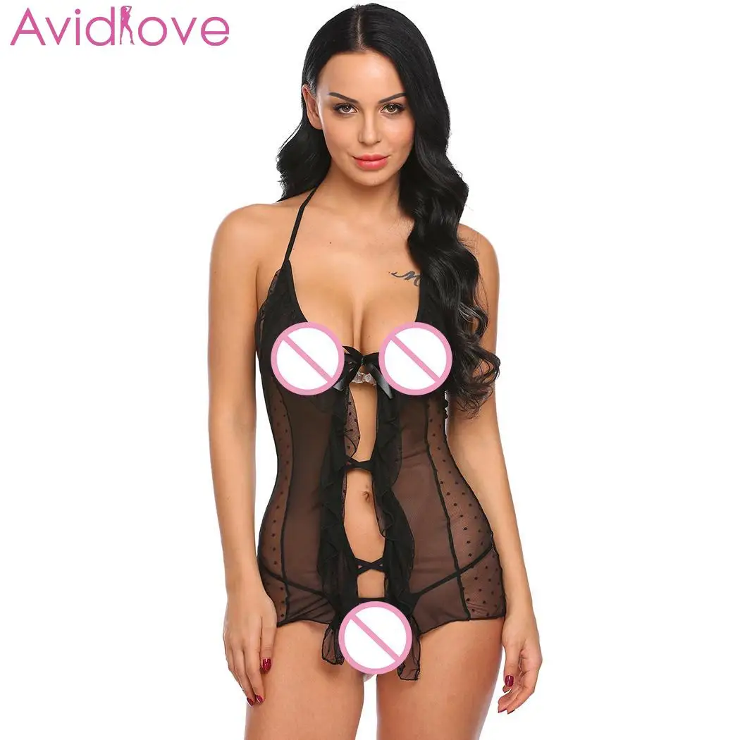 

AVidlove Women Sexy lingerie babydoll erotic lenceria costumes Through Halter Underwear Suits Sleeveless Hollow See Ruffles Out