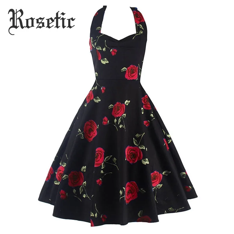 Buy Cheap Rosetic Gothic Dress Women Strapless Dress Rose Print Ball Gown Party Dress Summer Black A-line Bow Knee-Length Sleeveless Dress