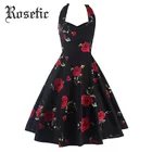 Save 21.55 on Rosetic Gothic Dress Women Strapless Dress Rose Print Ball Gown Party Dress Summer Black A-line Bow Knee-Length Sleeveless Dress