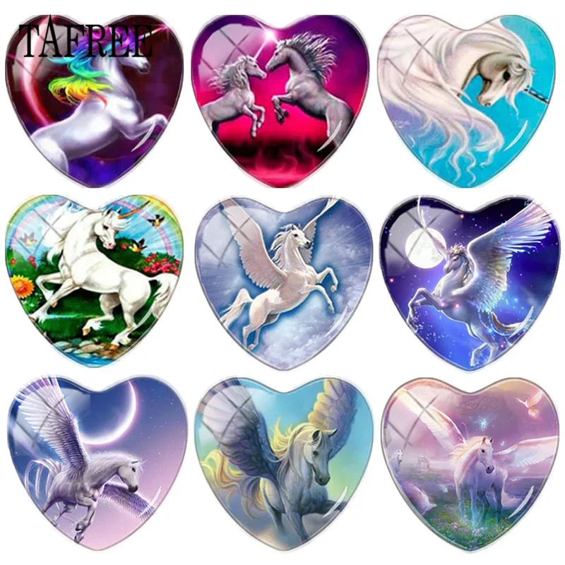 

TAFREE DIY Heart Shape Glass Cabohcon Animal Unicorn Rainbow Horse Patterns Dome Base Cover Pendant Cameo Settings