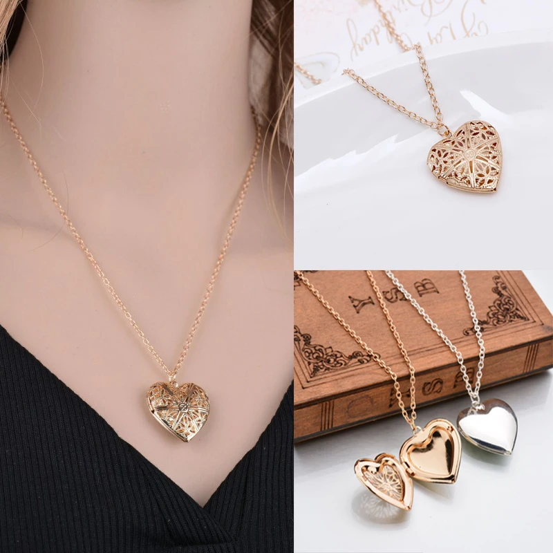 

Fashion Silver Gold Color Hollow Heart Pendant Vintage Neckalce for Women Photo Box Couple Gift Family Jewelry Collar