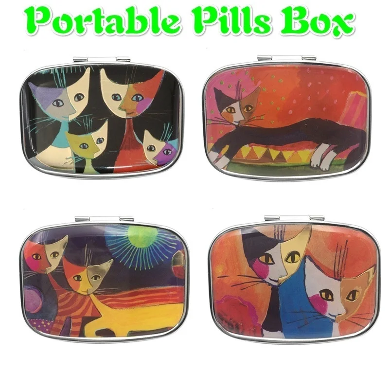 

Family Cats Moonlight Pill Box Holder Storage Organizer Case W/Inner Mirror